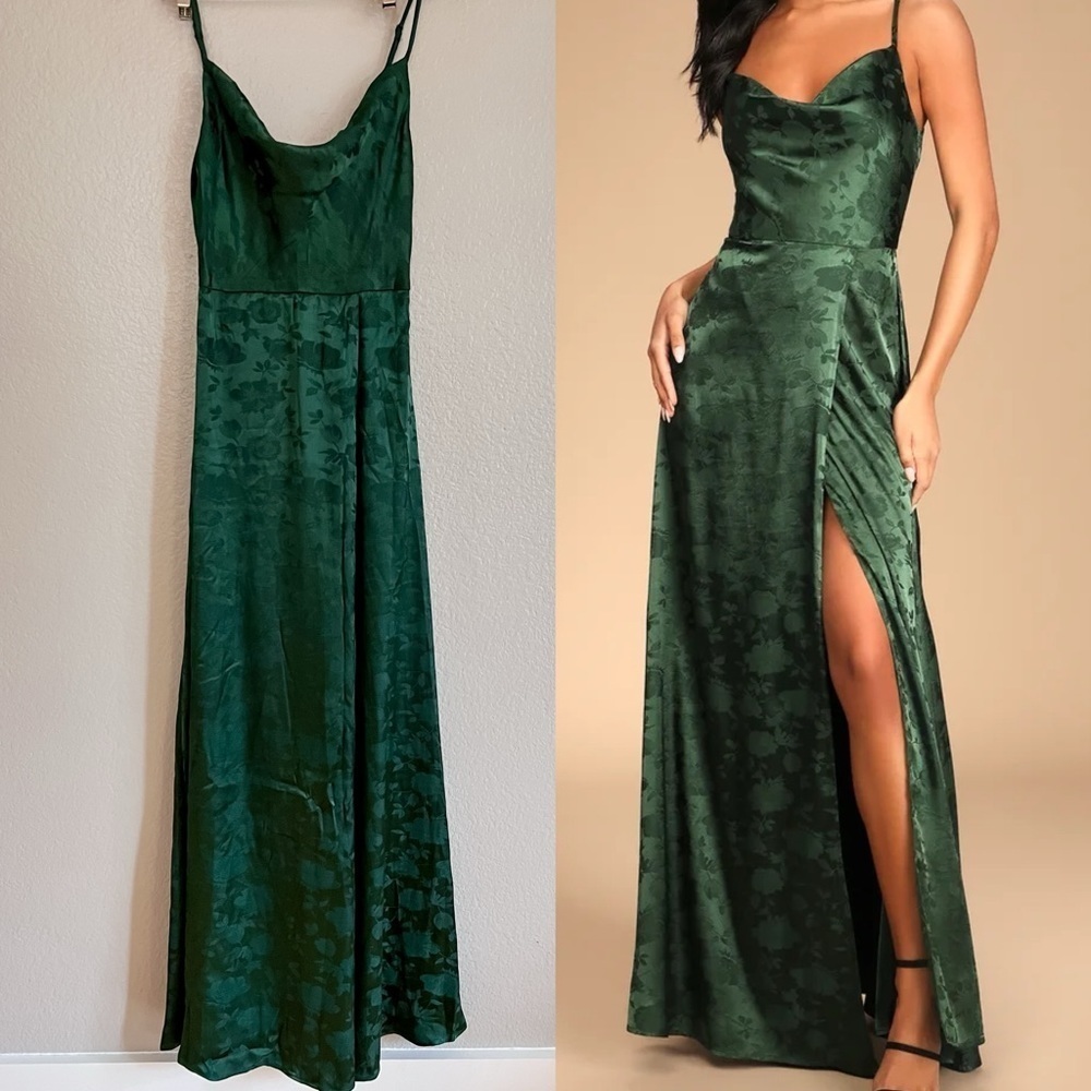 NWOT Simply Dreamy Emerald Green Satin Floral Jacquard Maxi Dress
